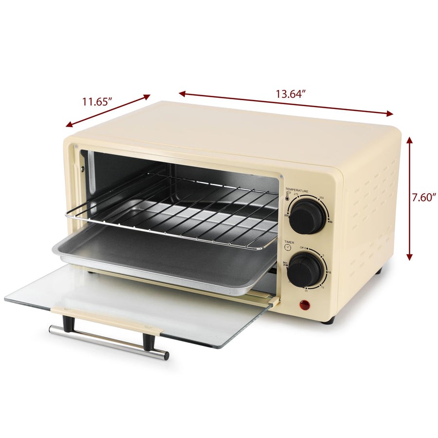 MegaChef MCOV-1200CR 9.5-Quart 2-Slice Countertop Toaster Oven, 800W Quartz Heat, 200 to 450°F Dial, 30-Minute Bell Timer, Cream