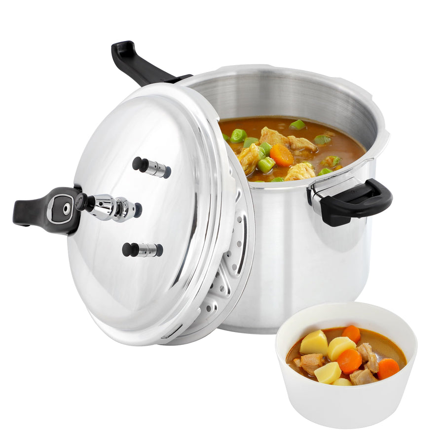 MegaChef MC-9500 9.5 quart aluminum stovetop pressure cooker with locking lid and two cool-touch handles