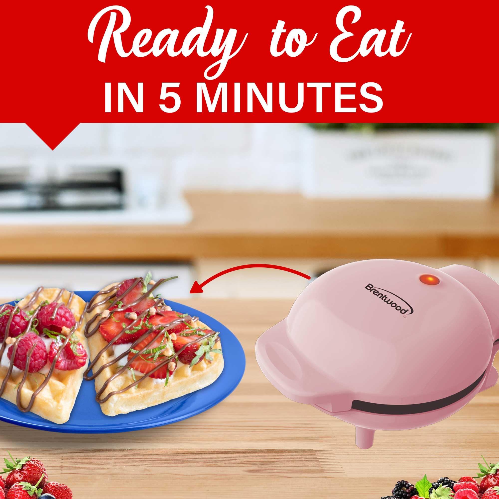 Brentwood TS-2144PK Non-Stick Heart Shaped 4 Inch Mini Waffle Maker - Pink, 400W
