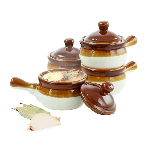 Elama 4-Piece Long-Handle 15-Ounce French Onion Soup Bowls with Lids