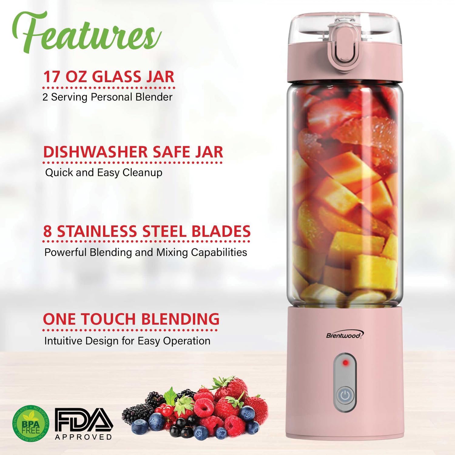 Brentwood RJB-100PK 17oz Portable USB-Rechargeable Glass Blender, Pink - Cordless Personal Smoothie Blender