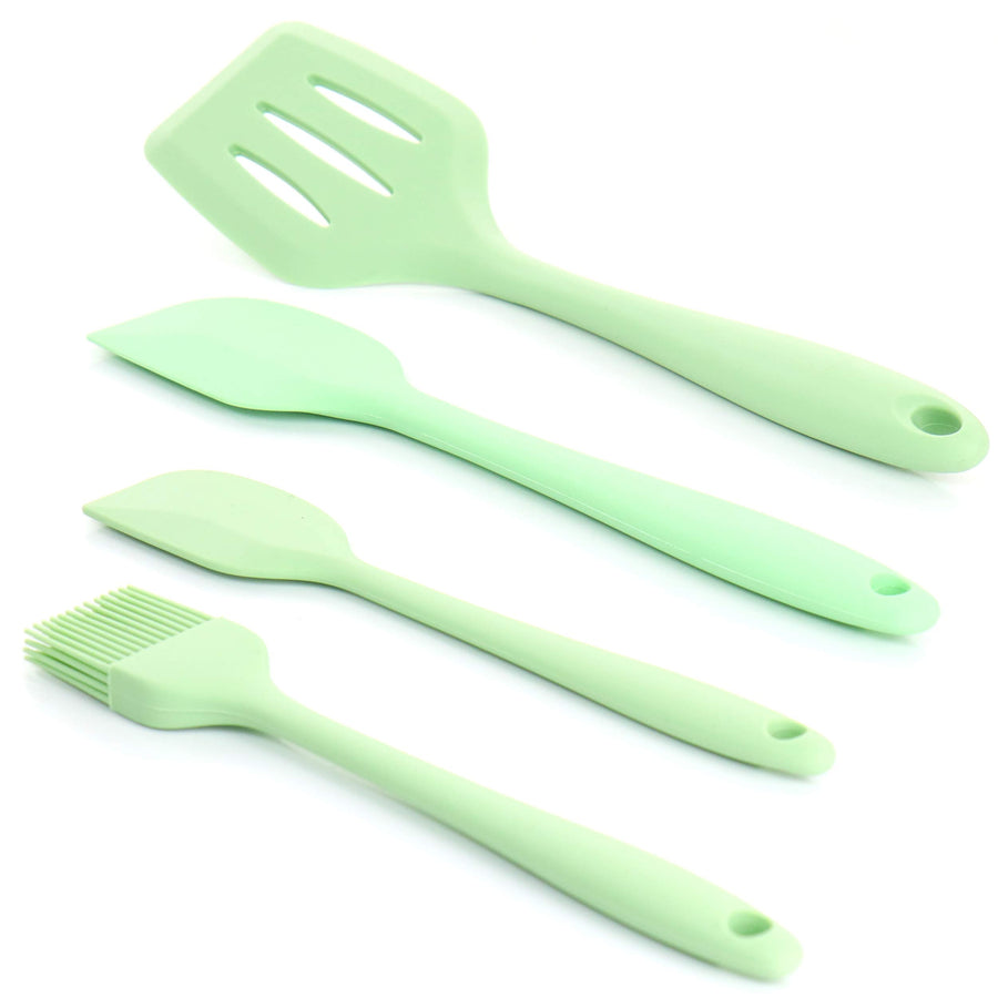 Mint green silicone slotted turner, spatulas and basting brush