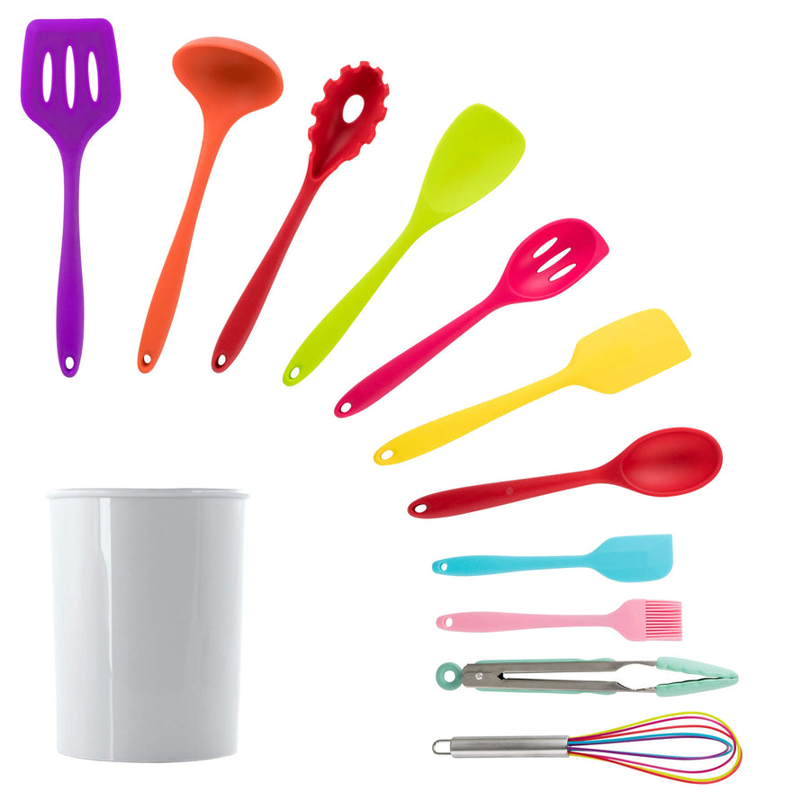 MegaChef 12-Piece Silicone and Wood Kitchen Utensil Set with Storage Canister, Multicolor