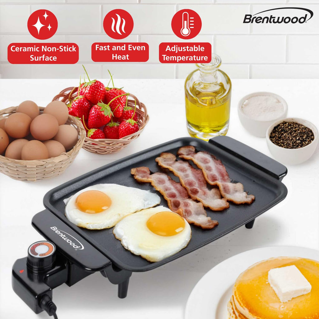 Brentwood TS-810 12 x 10 Inch Ceramic Non-Stick Electric Griddle - Black, 1200W PFAS-Free with Adjustable Temperature