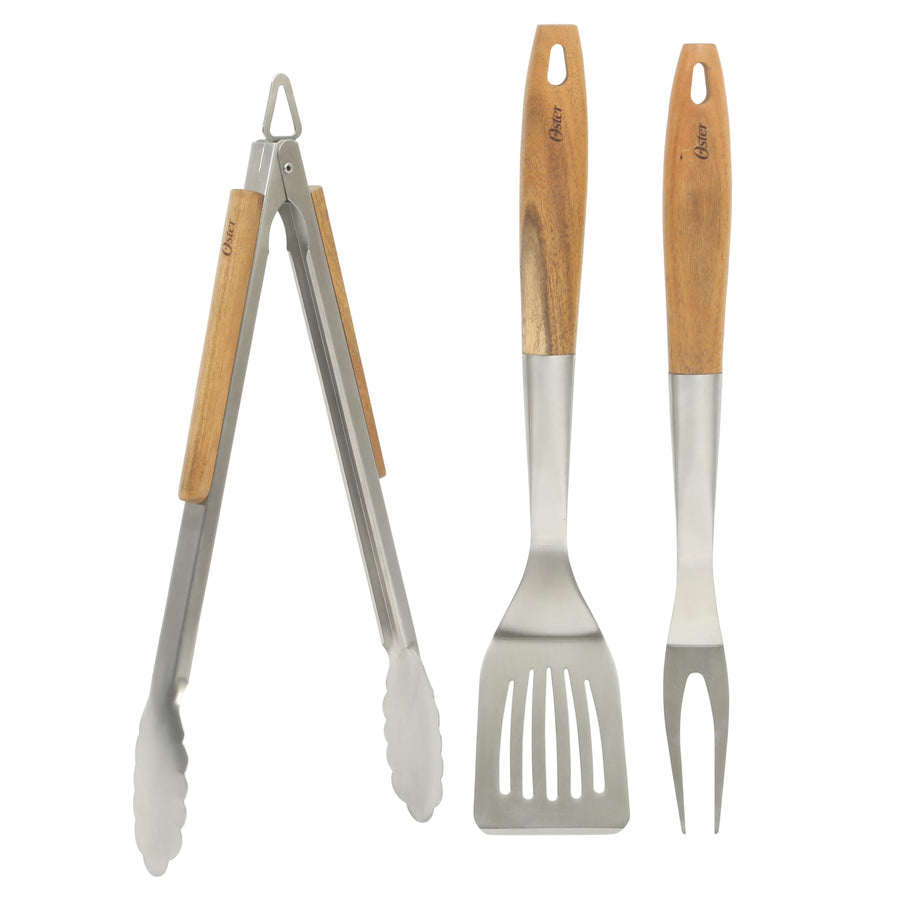 Oster Balincourt 3-Piece Stainless Steel Grilling Tool Set with Acacia Wood Handles
