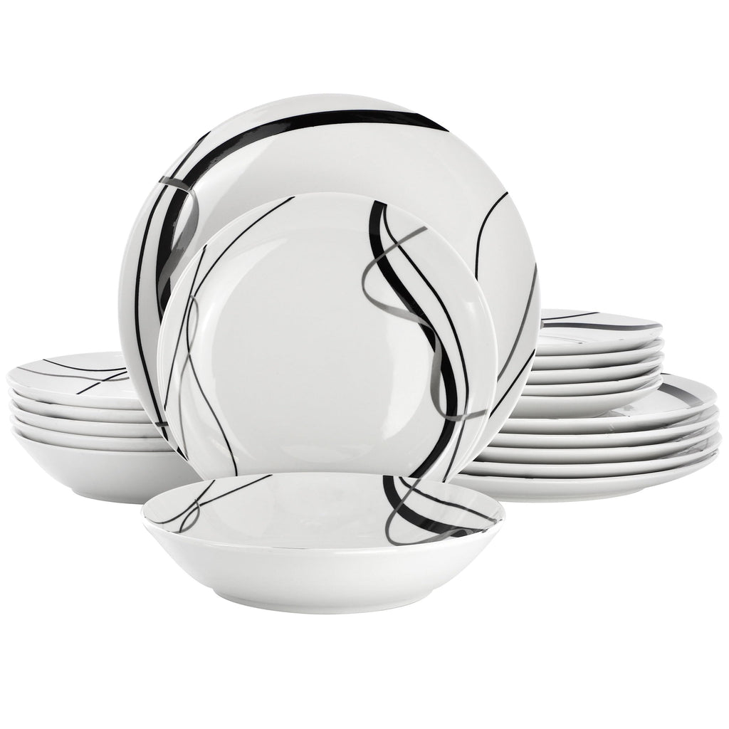 Elama Sarah 18 Piece Porcelain Ribbon Lined Dinnerware Set, Service for 6 in White and Black