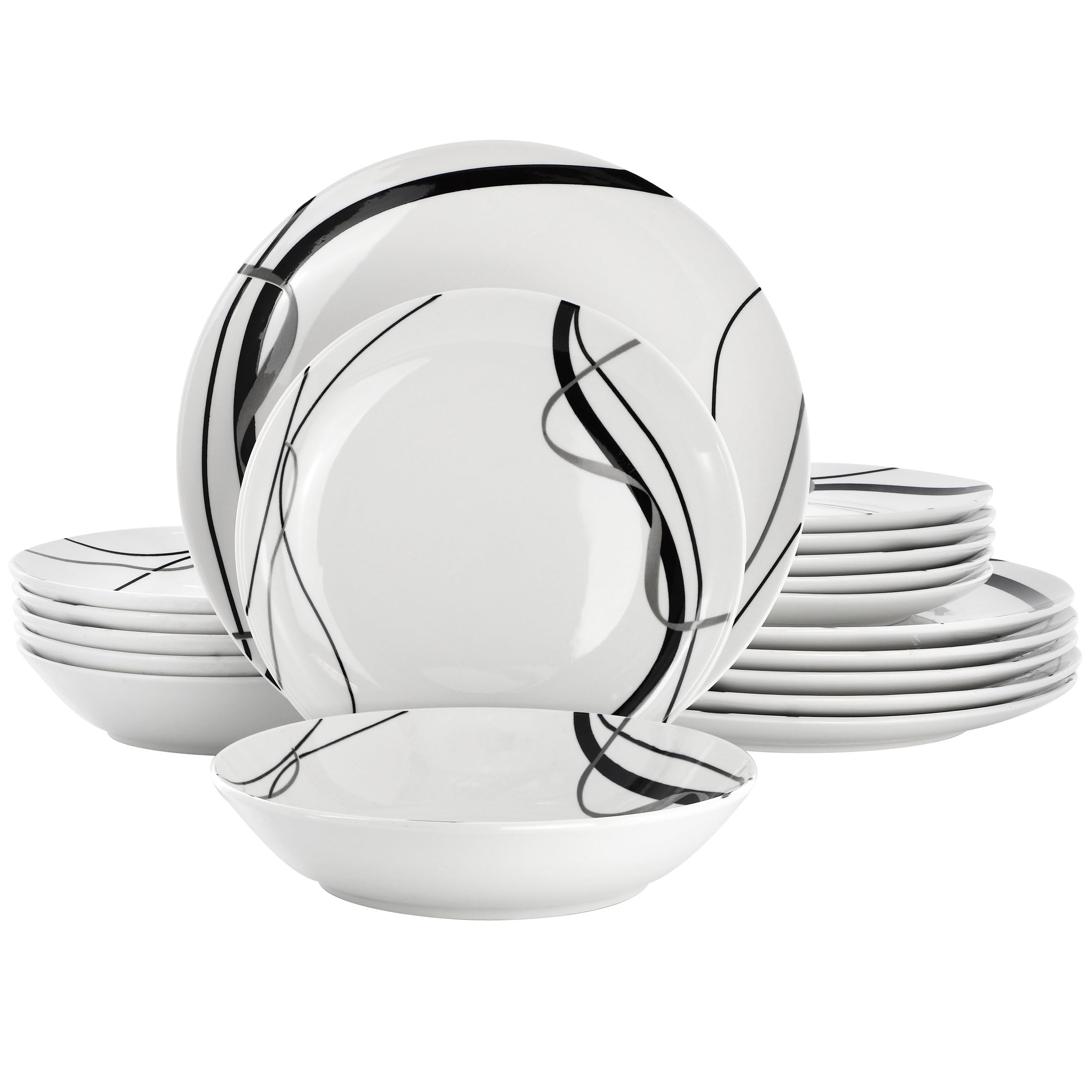 Elama Sarah 18 Piece Porcelain Ribbon Lined Dinnerware Set, Service for 6 in White and Black