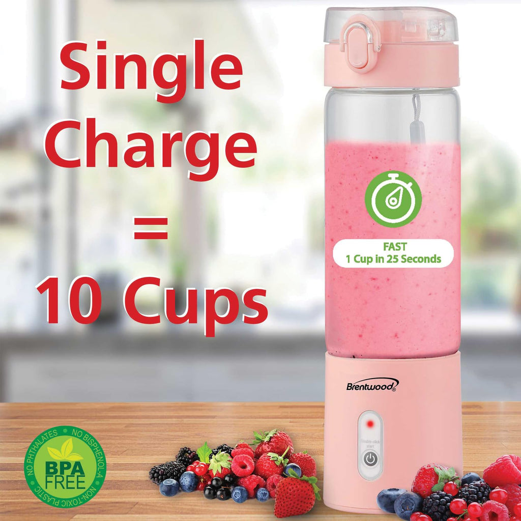 Brentwood RJB-100PK 17oz Portable USB-Rechargeable Glass Blender, Pink - Cordless Personal Smoothie Blender