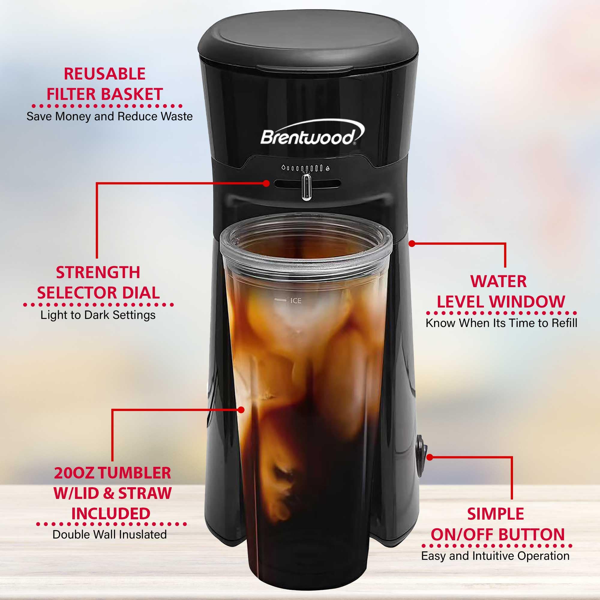 Brentwood KT-2121BK Single Serve Iced Coffee & Tea Maker with 20 oz Insulated Tumbler - Black