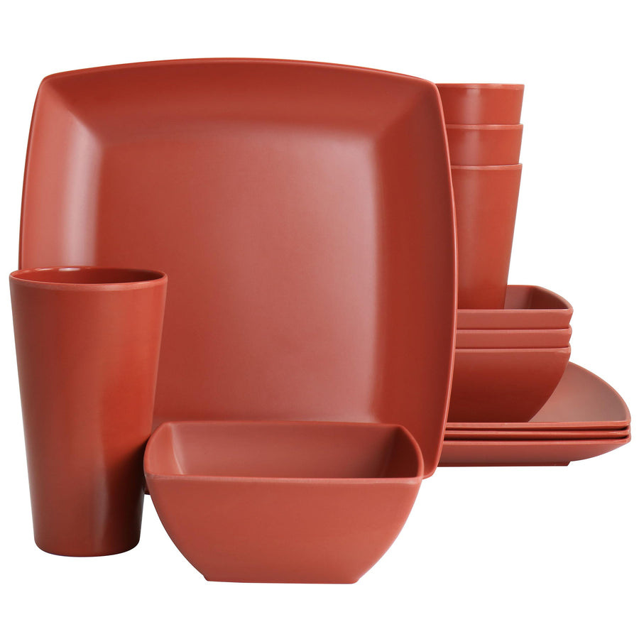 Gibson Home Grayson 12-Piece Square Melamine Dinnerware Set, Service for 4, Orange