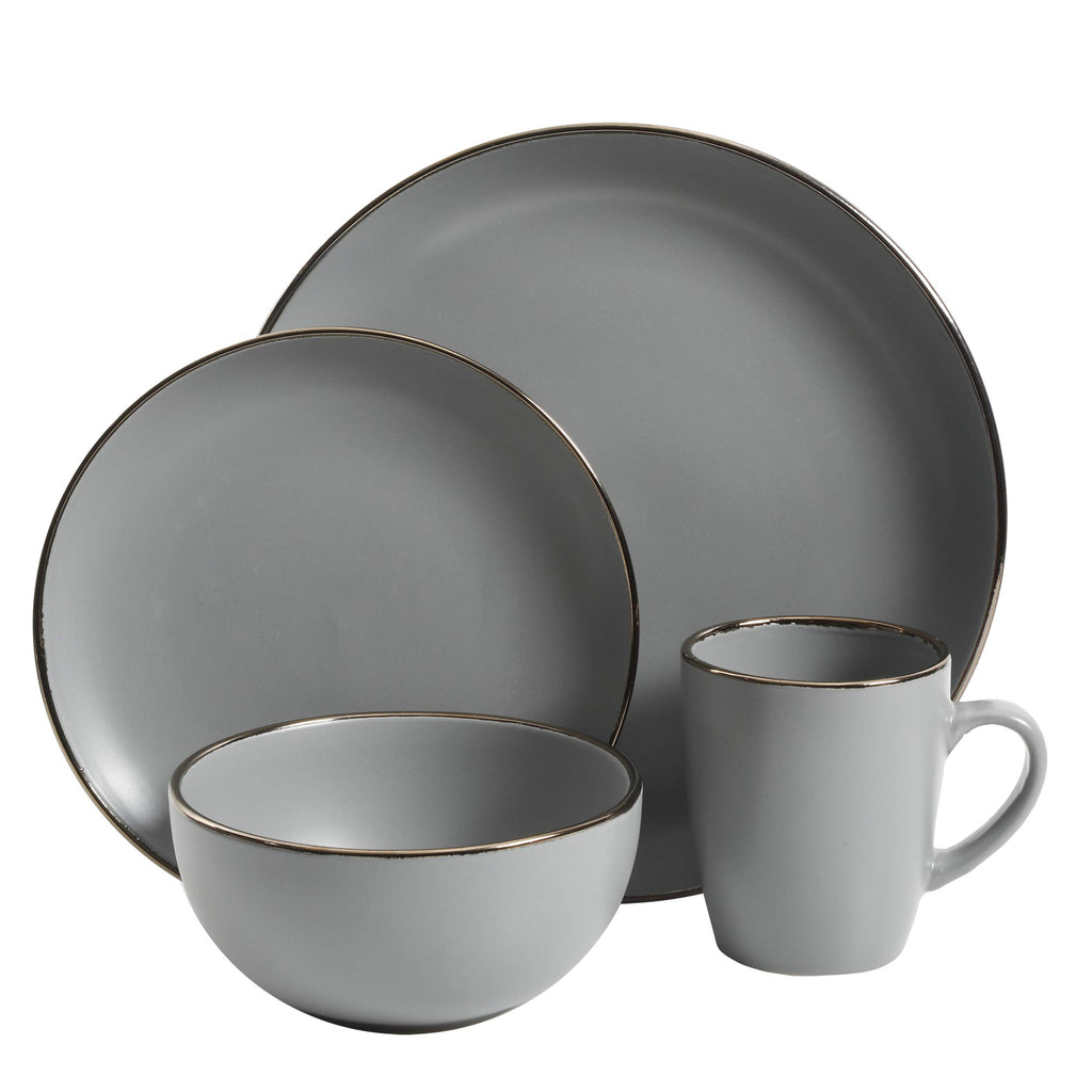 Gibson Home Rockaway 16-Piece Round Stoneware Dinnerware Set — Service for 4 in Grey with Gold Rim, Microwave & Dishwasher Safe Plates and Bowls