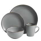 Gibson Home Rockaway 16-Piece Round Stoneware Dinnerware Set — Service for 4 in Grey with Gold Rim, Microwave & Dishwasher Safe Plates and Bowls