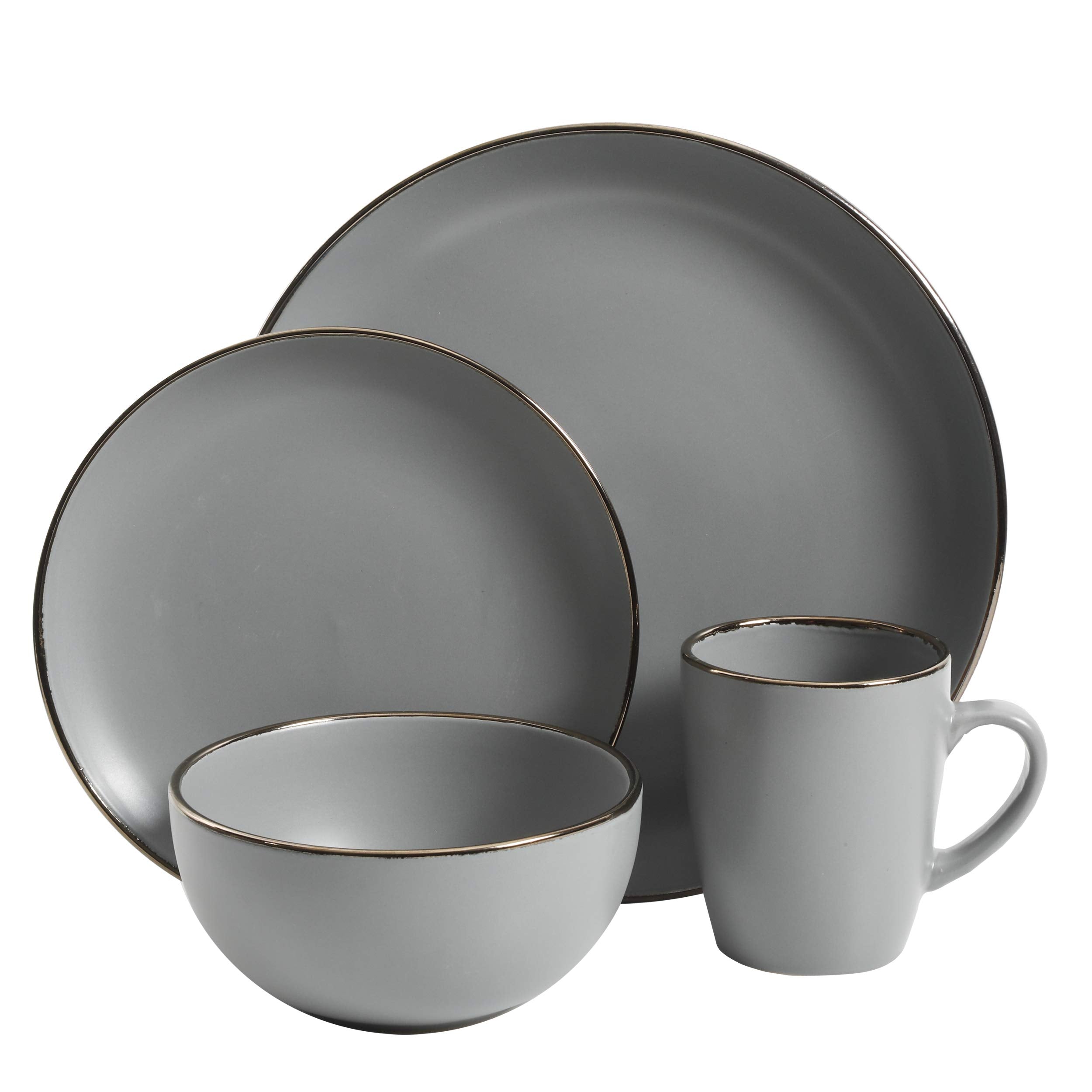 Gibson Home Rockaway 16-Piece Round Stoneware Dinnerware Set — Service for 4 in Grey with Gold Rim, Microwave & Dishwasher Safe Plates and Bowls