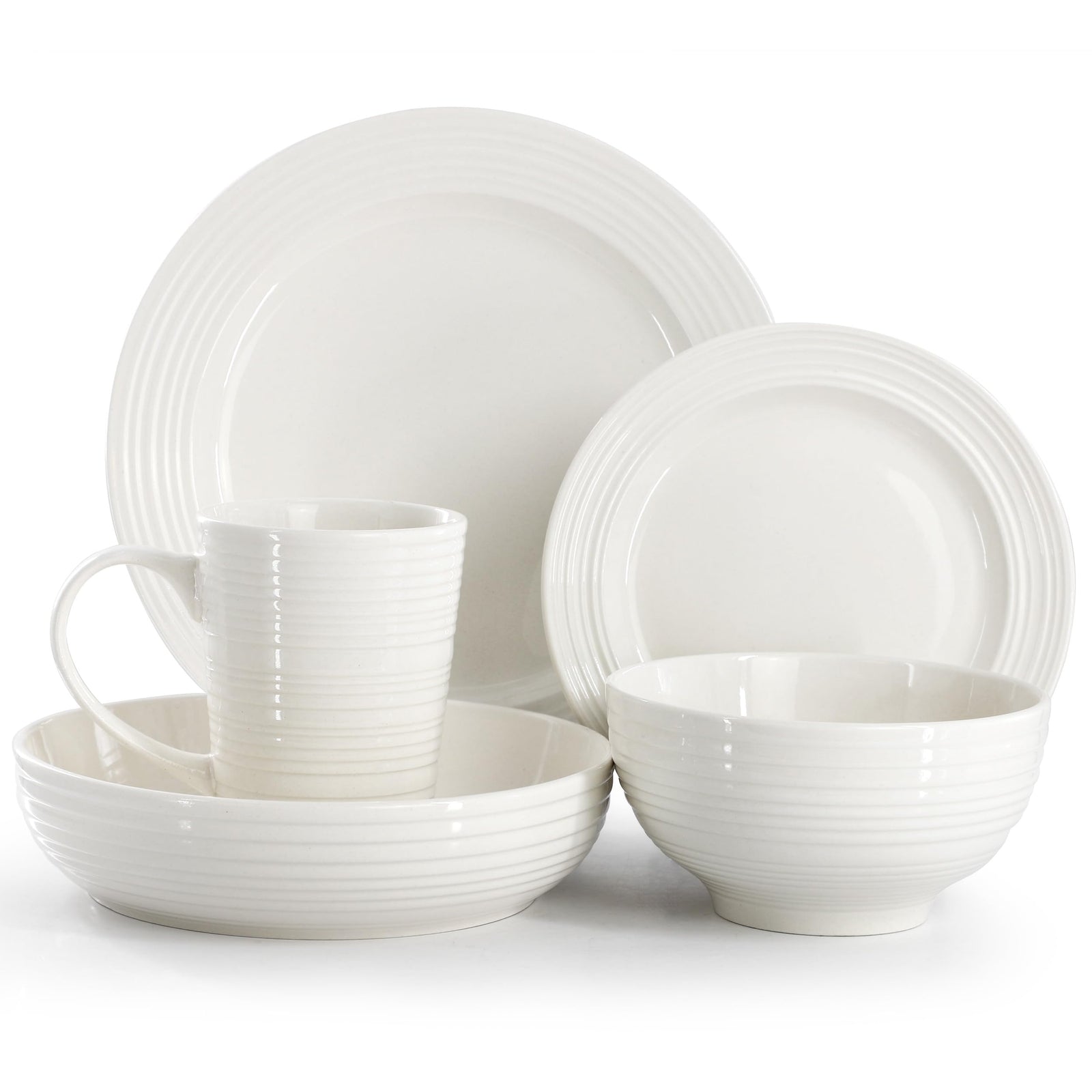 Elama Nikki 18-Piece Ribbed White Porcelain Dinnerware and Serving Set, Service for 4