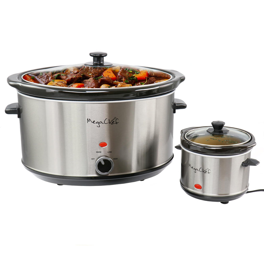 MegaChef MCSL-3000 8-Quart Oval Slow Cooker with 0.6-Quart Mini Warmer, Brushed Stainless Steel, Removable Ceramic Crock, Glass Lids