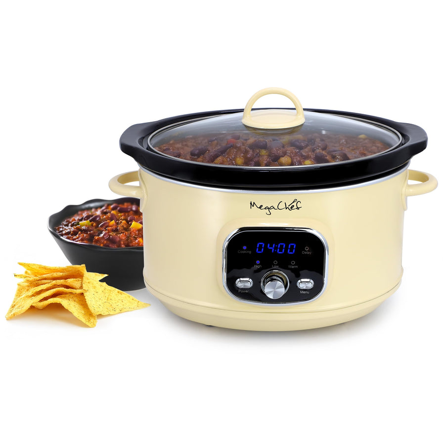 MegaChef 3.7 qt ivory electric slow cooker with chili, digital controls and glass lid