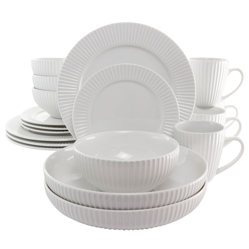 Elama Elle 18-Piece Porcelain Dinnerware Set with 2 Large Serving Bowls – White Textured Plates, Service for 4