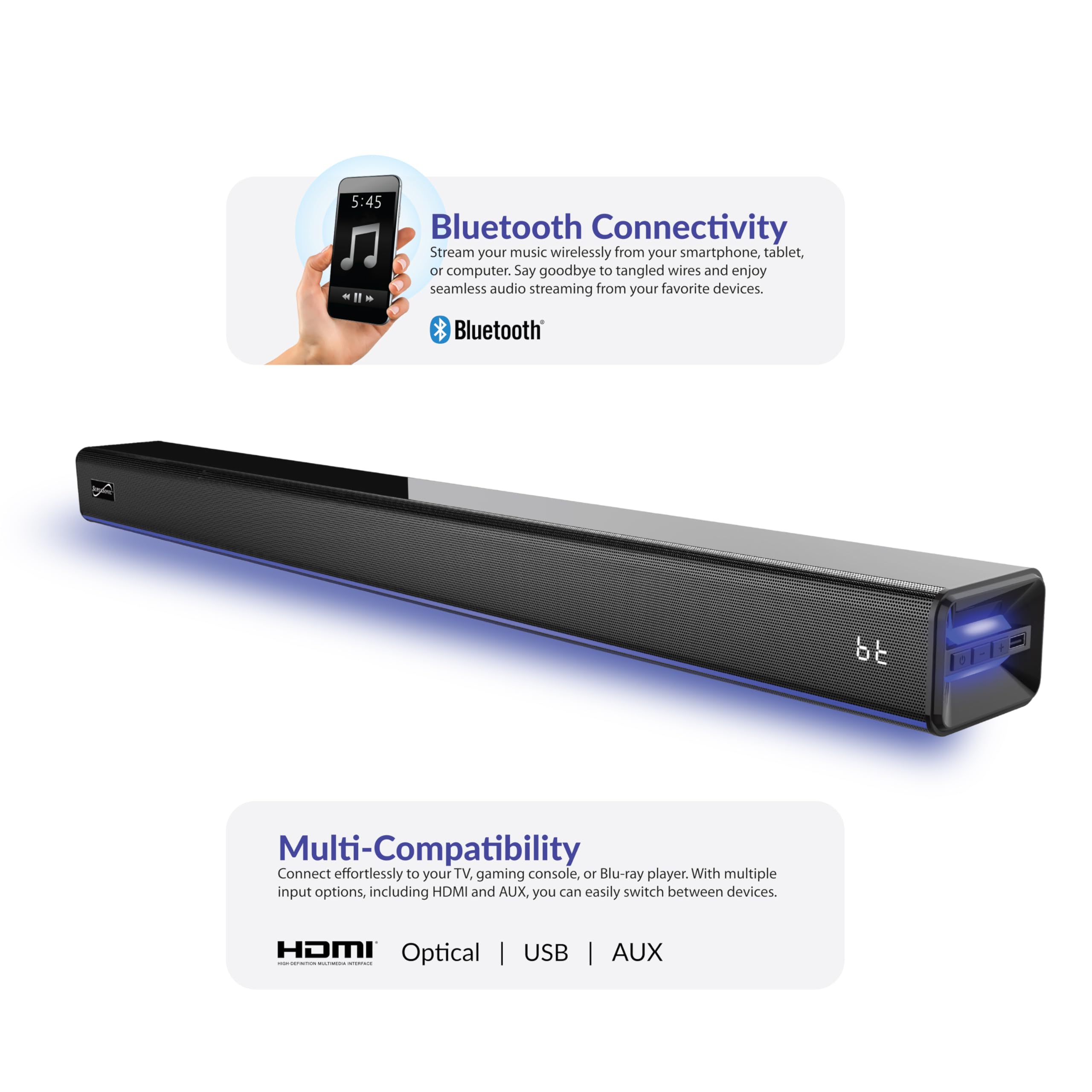 SuperSonic SC-1424SB 31.5-Inch 60W 2.0 Channel Bluetooth 5.3 Soundbar with Ambient Lighting - HDMI ARC, Optical, USB, AUX and FM