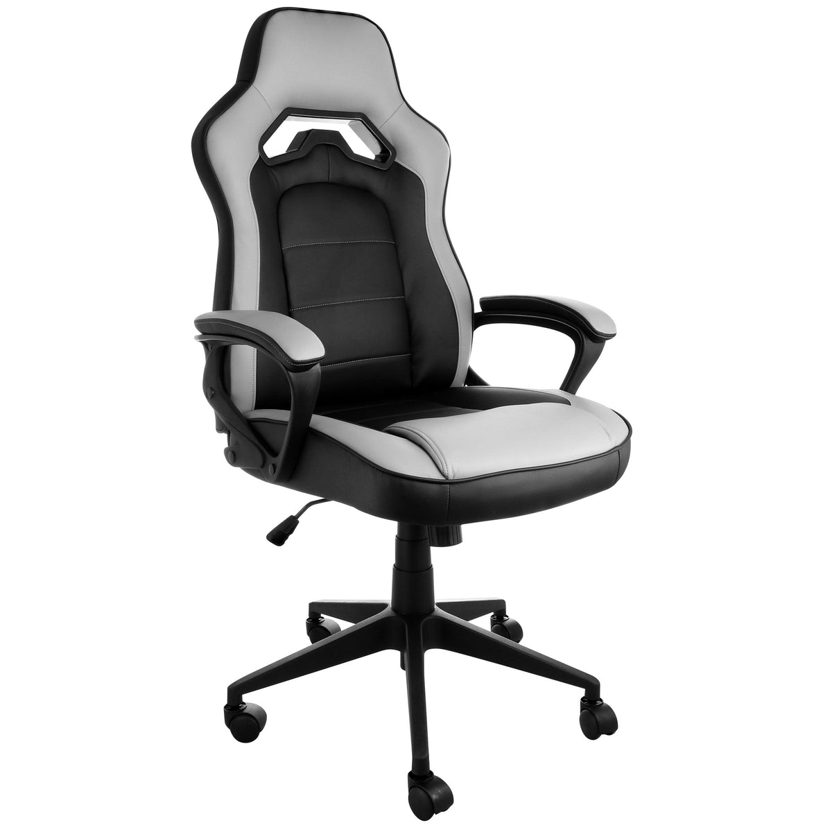 Elama gray and black high back faux leather office chair with padded arms and ventilated back, front three-quarter view