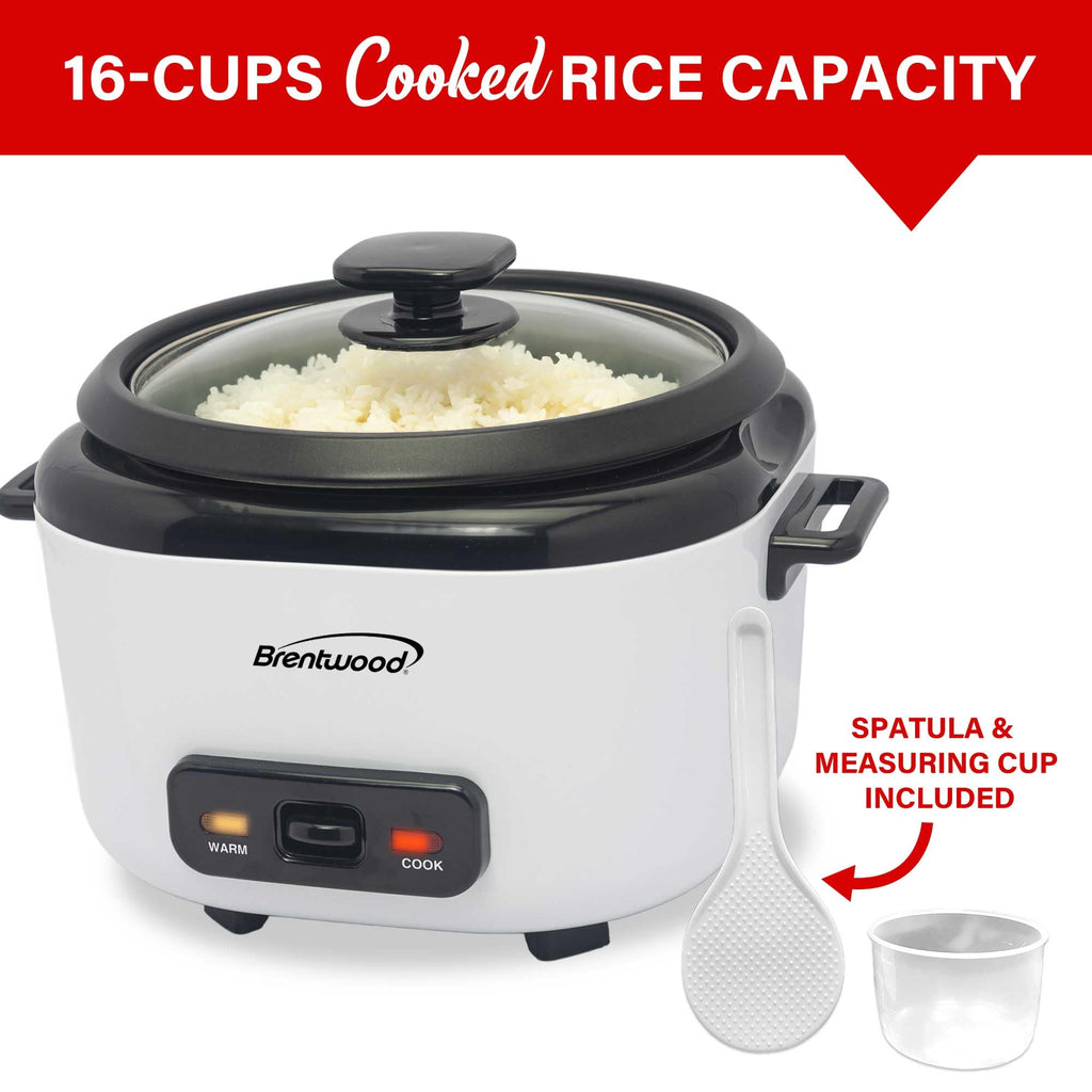 Brentwood RC-5016W 16-Cup Cooked Rice Cooker with Steam Tray - White, 500W with Measuring Cup & Spatula