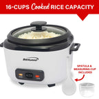 Brentwood RC-5016W 16-Cup Cooked Rice Cooker with Steam Tray - White, 500W with Measuring Cup & Spatula