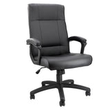 Elama tilting high back black faux leather office chair with padded arms and five-star nylon base, front three-quarter view