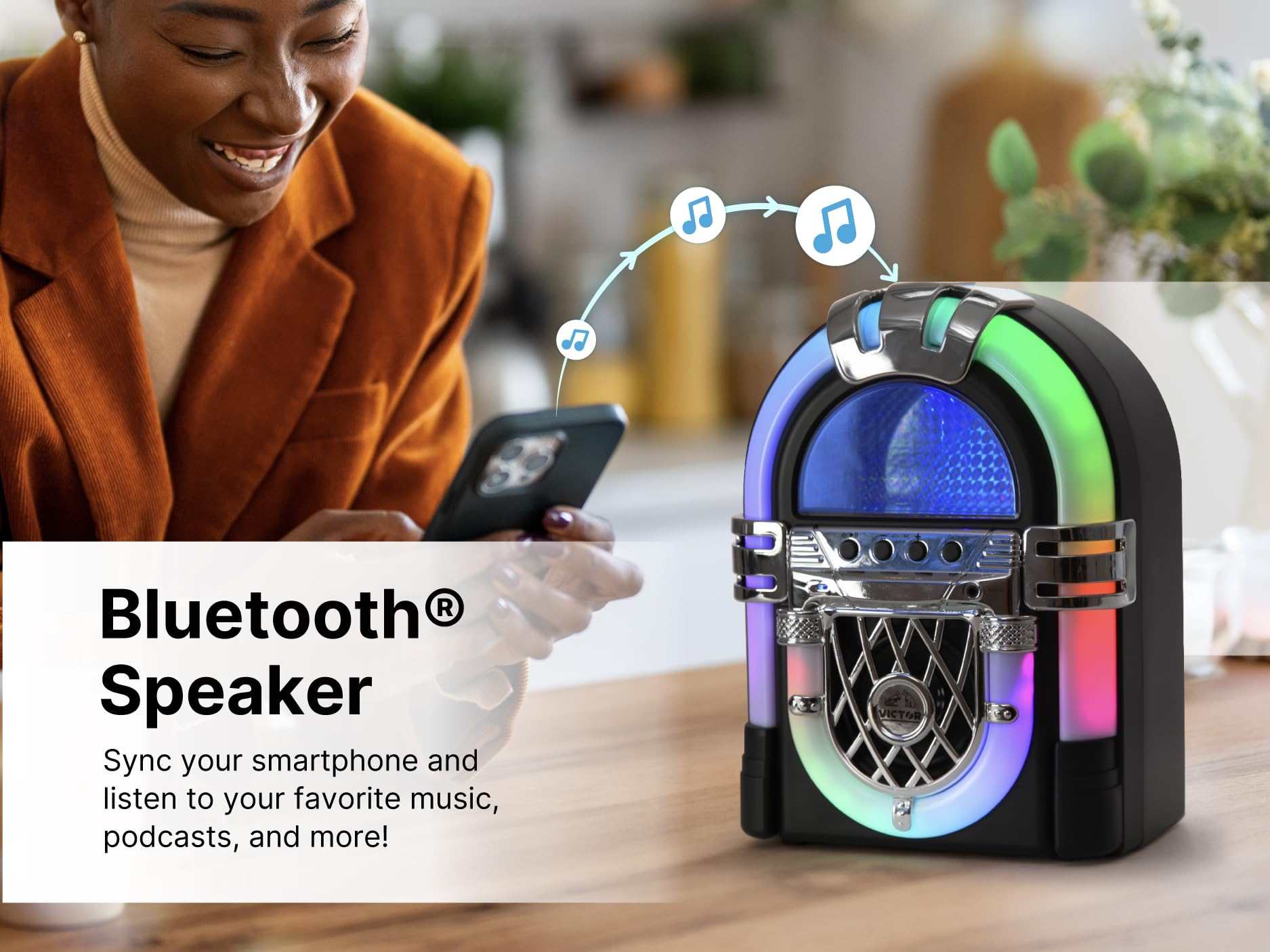 VICTOR VDTJ-1000 Mini Bluetooth Jukebox – Multicolor LED Lighting, Rechargeable Battery, USB/SD/Aux Wireless Stereo Speaker