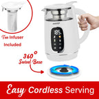 Brentwood KT-2018W 1.7L 1100W Cordless Digital Glass Electric Kettle - White, Stainless Tea Infuser with 4 Presets and Keep Warm