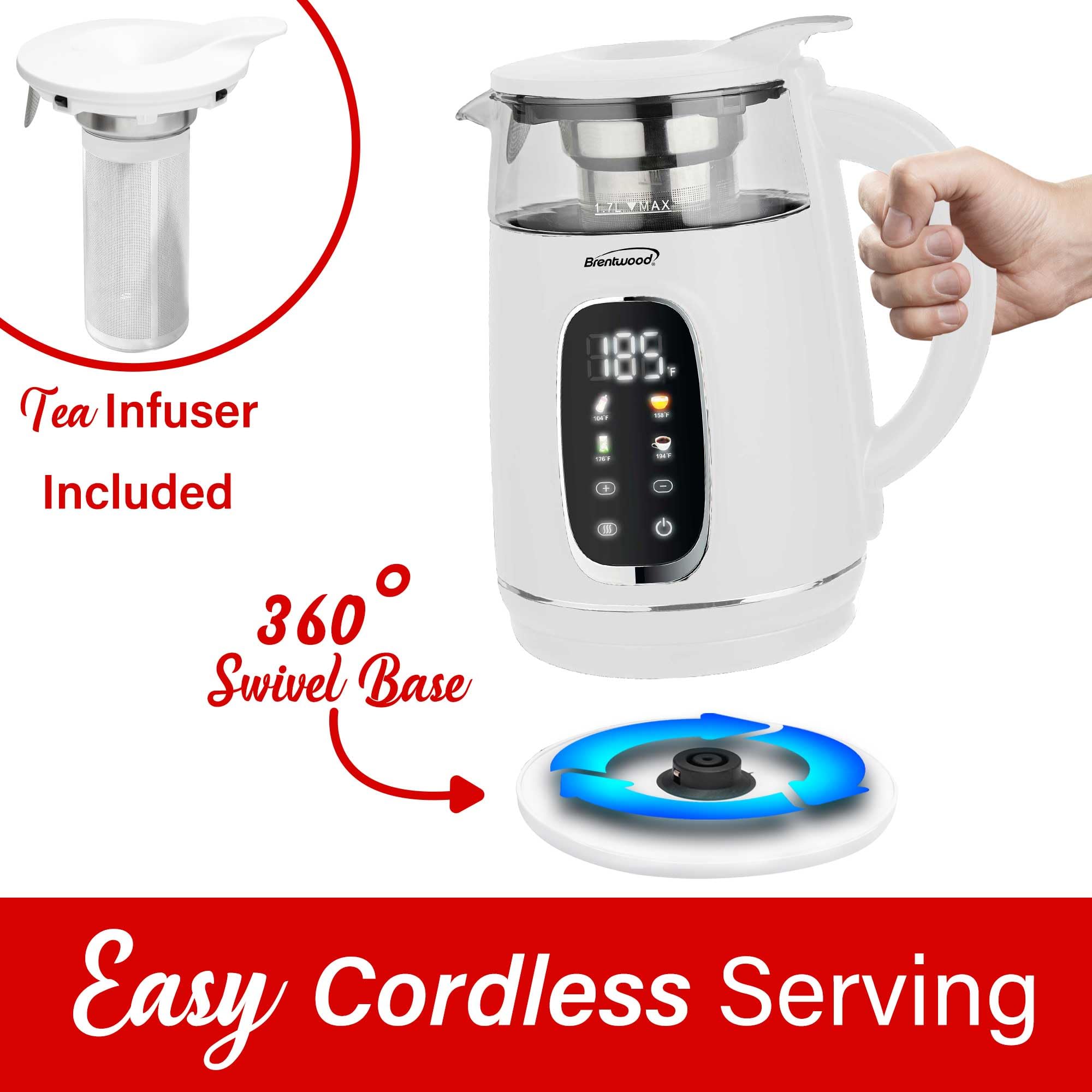 Brentwood KT-2018W 1.7L 1100W Cordless Digital Glass Electric Kettle - White, Stainless Tea Infuser with 4 Presets and Keep Warm