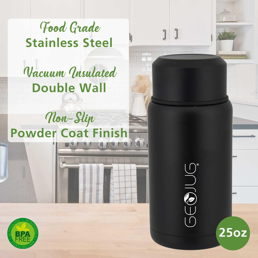 Brentwood GeoJug 25 oz Insulated Stainless Steel Food Jar with Bowl and Folding Spoon, Black