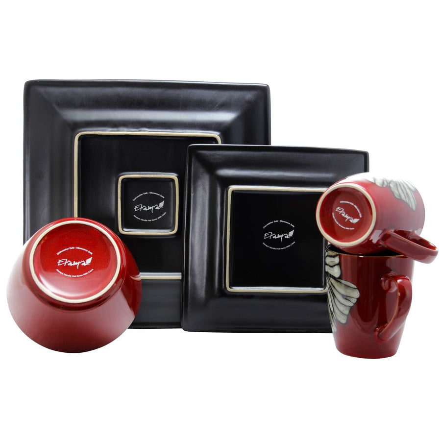 Elama Winter Bloom 16-Piece Red Square Stoneware Dinnerware Set - Service for 4