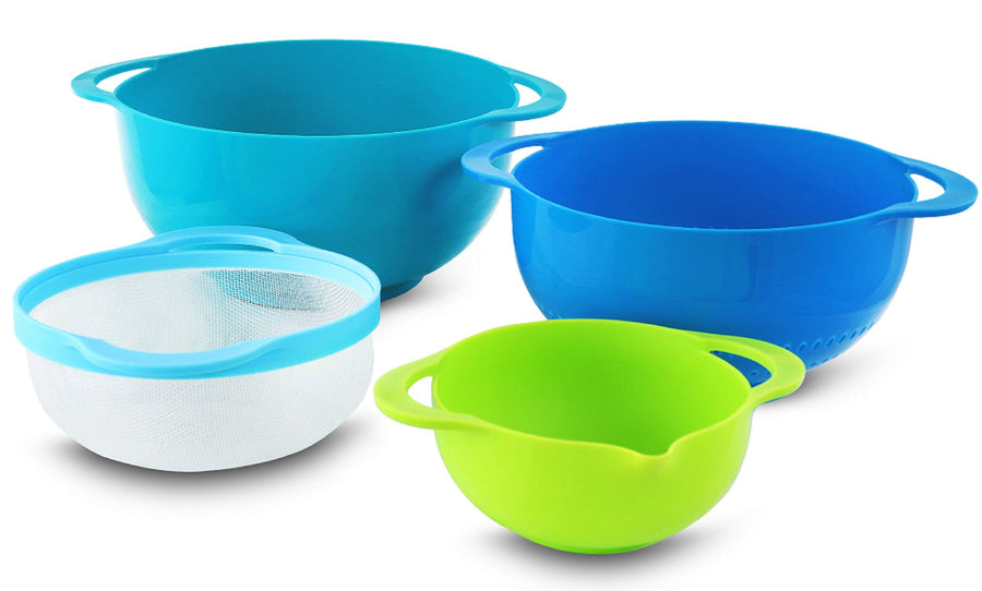 Mixing bowls with colander and sifter in blue, green and white, BPA-free plastic