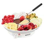 Brentwood TS-604W electric fondue set with stainless steel bowl, serving tray and dipping forks