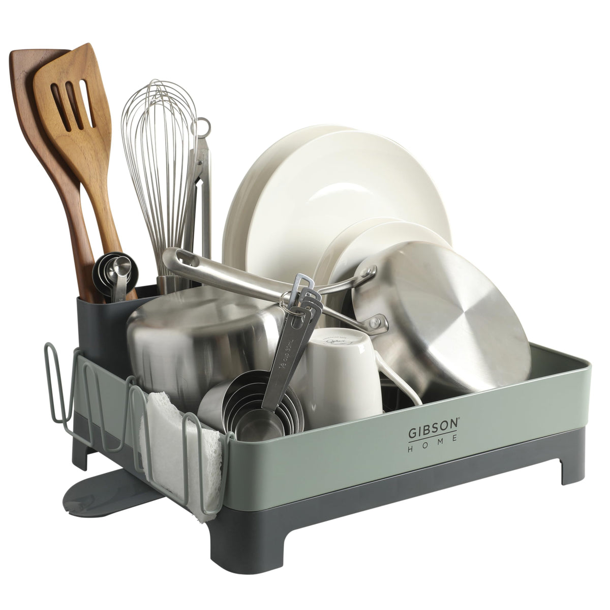 Gibson Home Nestcraft green stainless steel dish rack with swivel drain spout and utensil holder