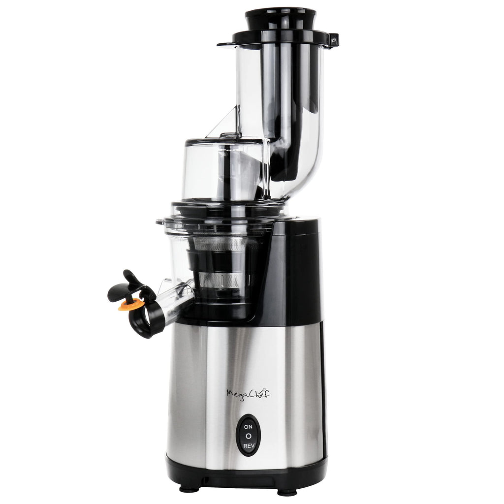 MegaChef Pro Stainless Steel Slow Masticating Juicer – Chrome Silver, Cold-Press Auger, Quiet, Easy-Clean Fruit & Vegetable Juicer
