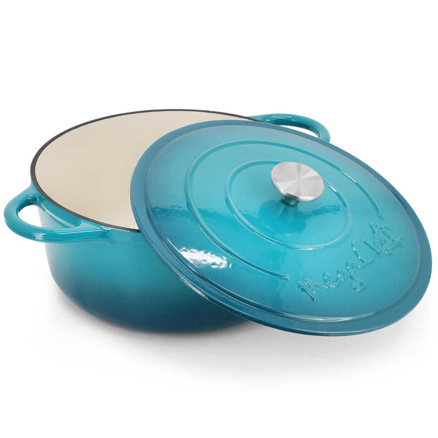 MegaChef 6.35 Quart Round Enameled Cast Iron Dutch Oven with Self-Basting Lid and Dual Handles, Light Blue