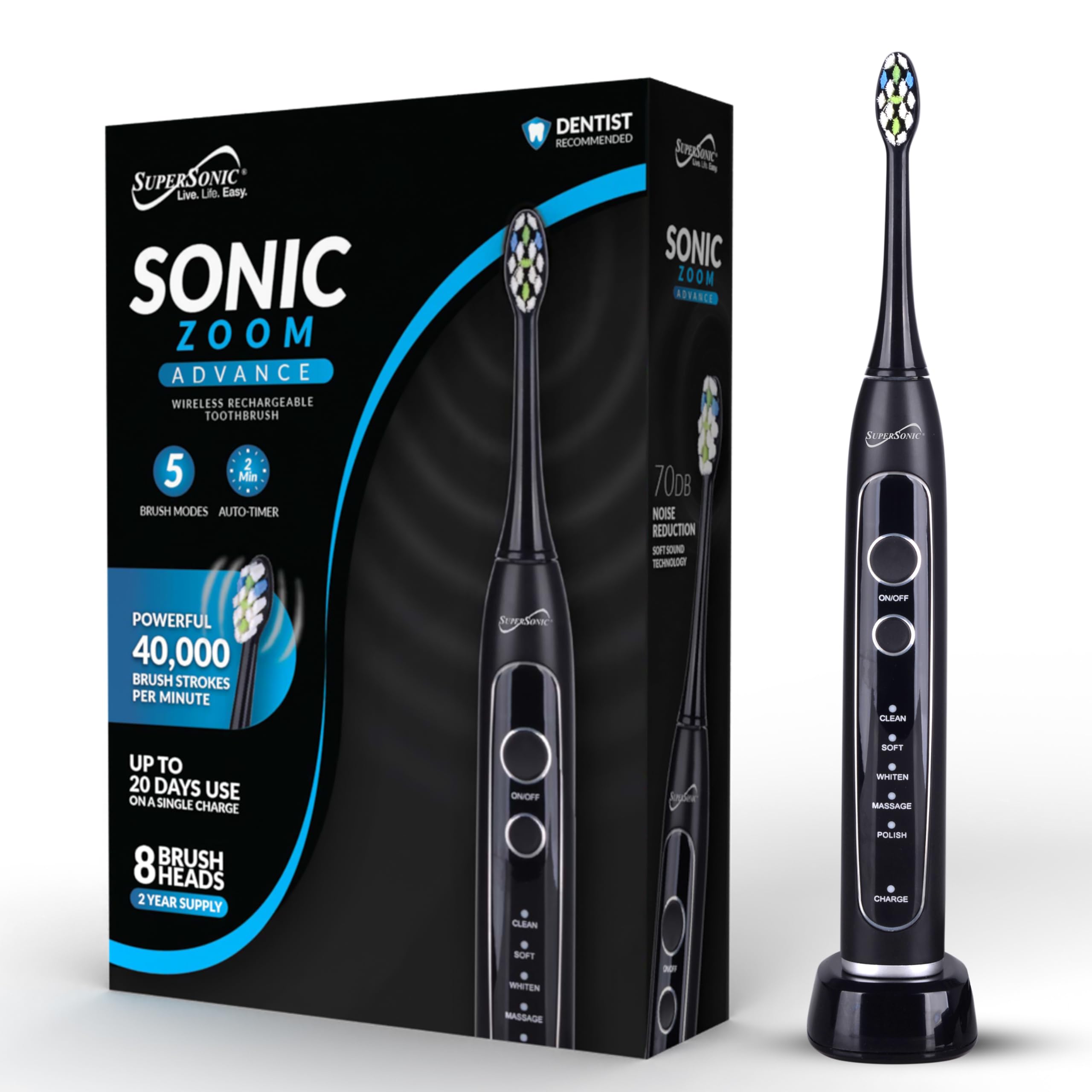 SuperSonic Sonic Zoom Advance Rechargeable Sonic Toothbrush – Black, 40,000 VPM with 5 Modes, 8 Brush Heads & Travel Case