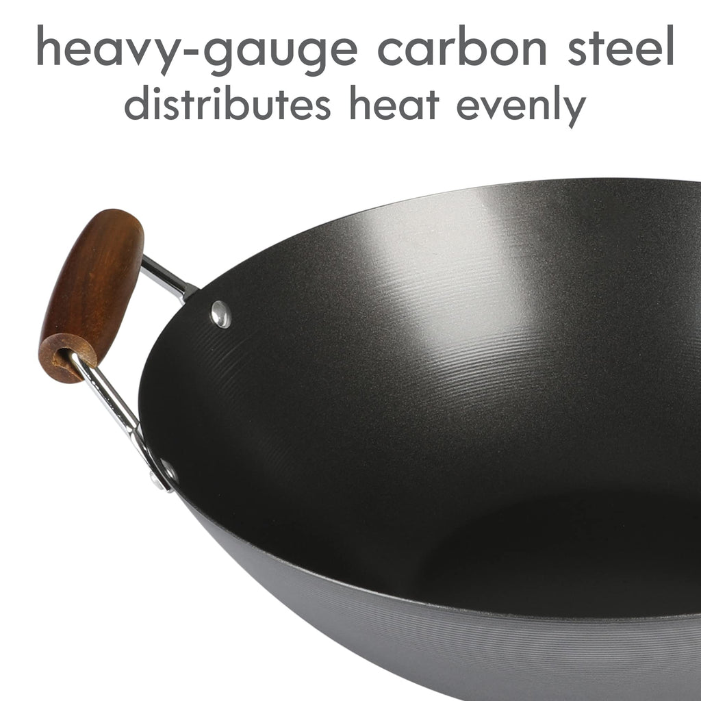 Kenmore Hammond 14-Inch Carbon Steel Wok – Black Flat-Bottom Stir-Fry Pan with Wood Handle for Gas, Electric & Induction Stovetops