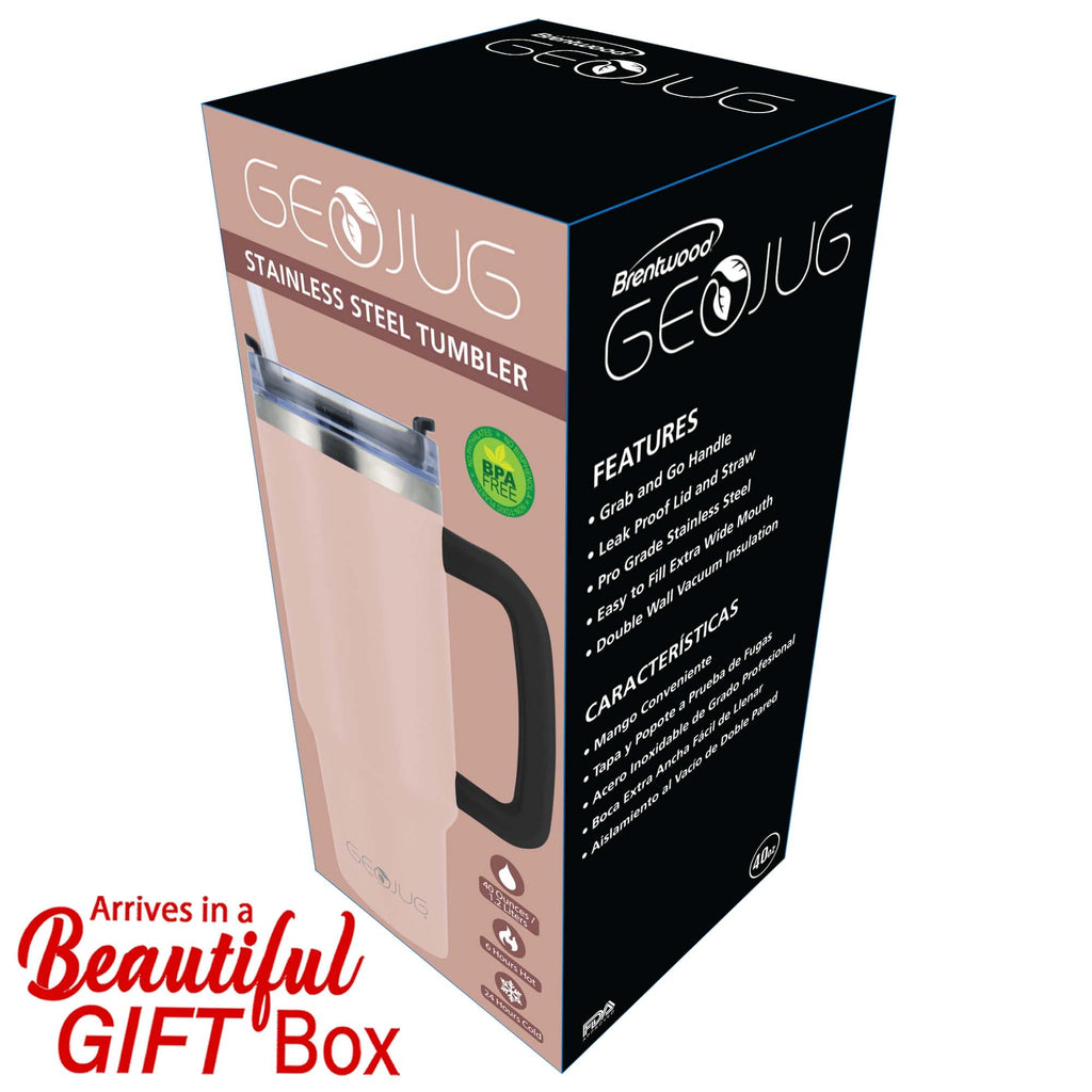 Brentwood GeoJug CMB-1200PK 40 oz Insulated Stainless Steel Tumbler with Handle, Lid and Straw - Pink