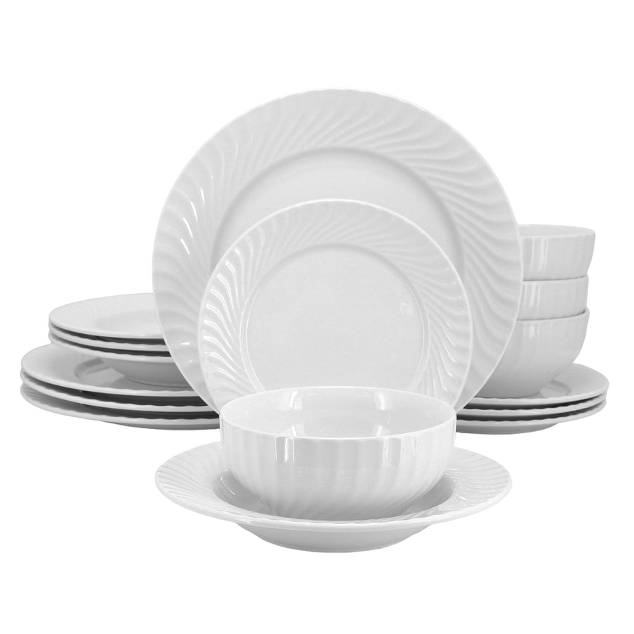 Elama Julia 16-piece white porcelain dinnerware set for 4, double bowl, with scalloped wave pattern rims