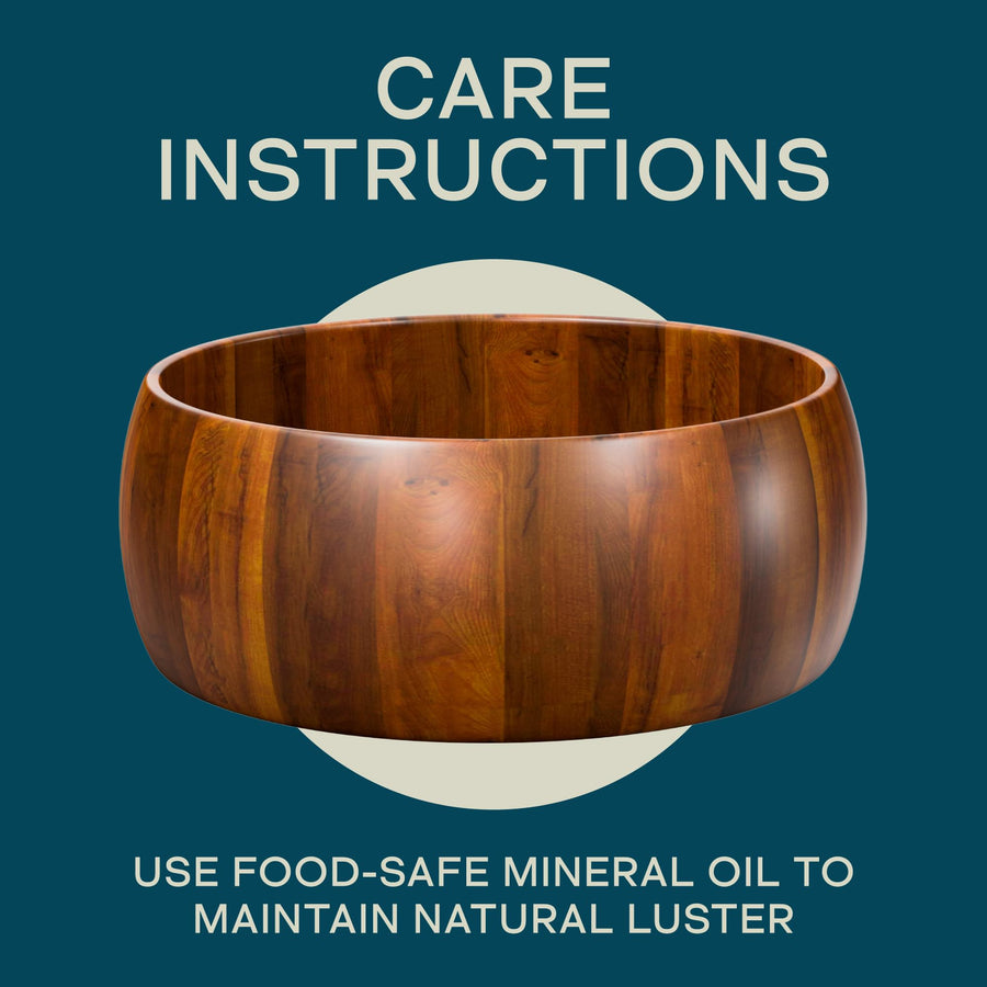 Laroda staved acacia wood salad bowl on its own with a care graphic advising food-safe mineral oil for the wood finish