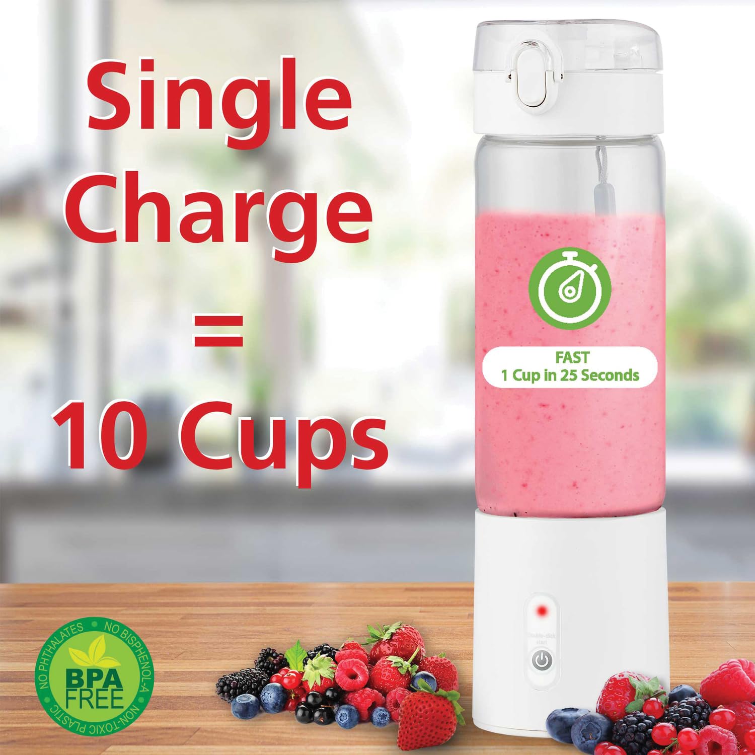 Brentwood RJB-100W 17 oz Portable USB Rechargeable Glass Blender - White, 2400mAh