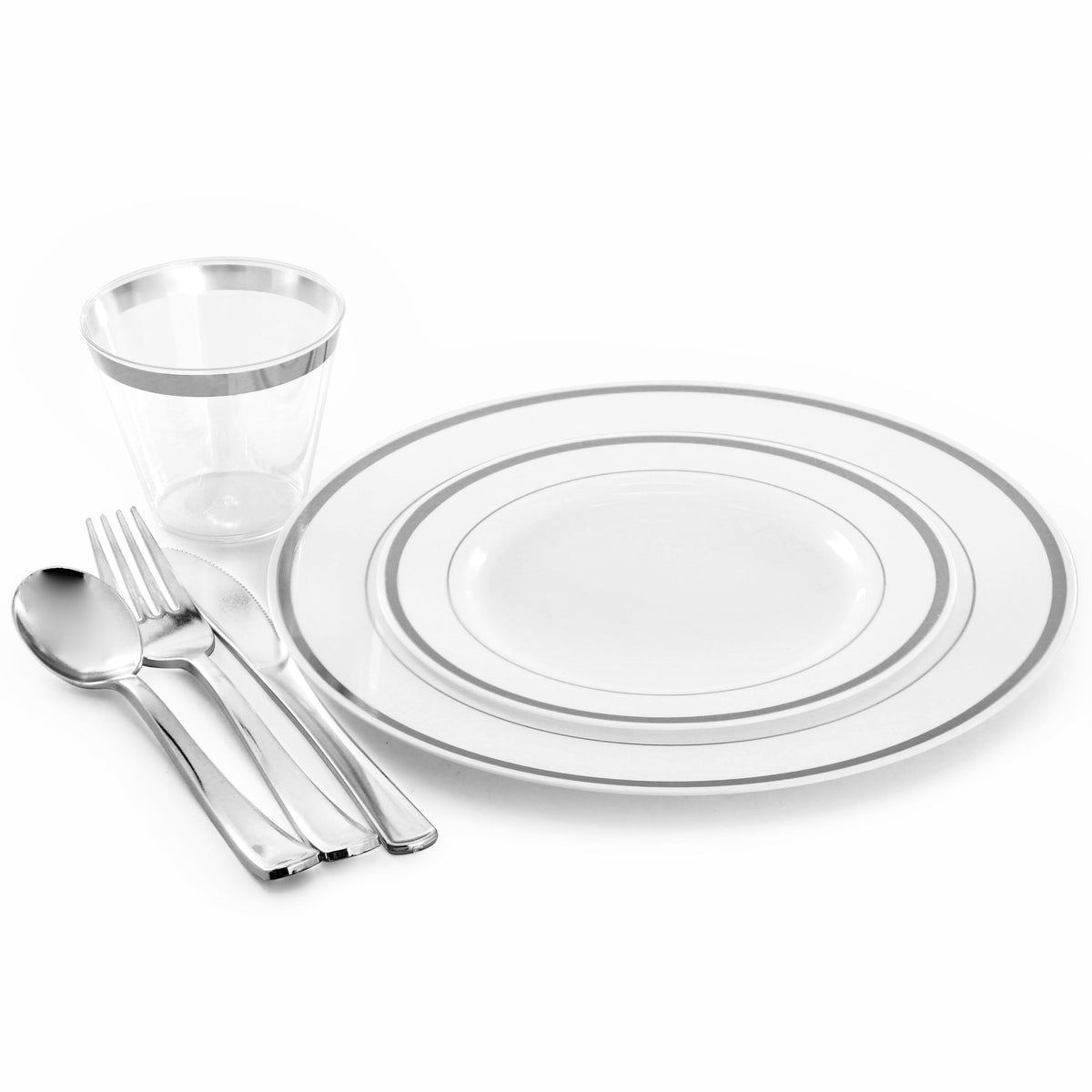 Elama 150-Piece Disposable Plastic Dinnerware Party Set for 25 Guests, Plates, Cups and Cutlery, White with Silver Trim