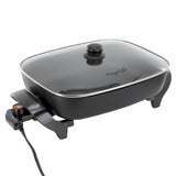 MegaChef MCF-1102 Electric Fry Pan, 14.96 x 12.13 in Rectangular, Black, 1500W, Tempered Glass Lid, Detachable Thermostat Probe