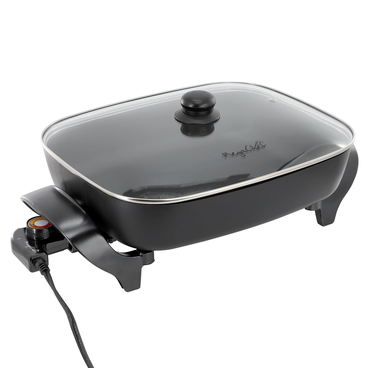 MegaChef MCF-1102 Electric Fry Pan, 14.96 x 12.13 in Rectangular, Black, 1500W, Tempered Glass Lid, Detachable Thermostat Probe