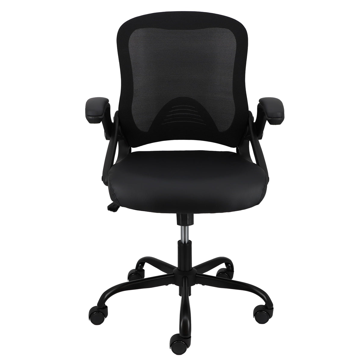 Elama black compact mesh office chair, front view showing the curved mesh back, flip-up padded arms and five-star base