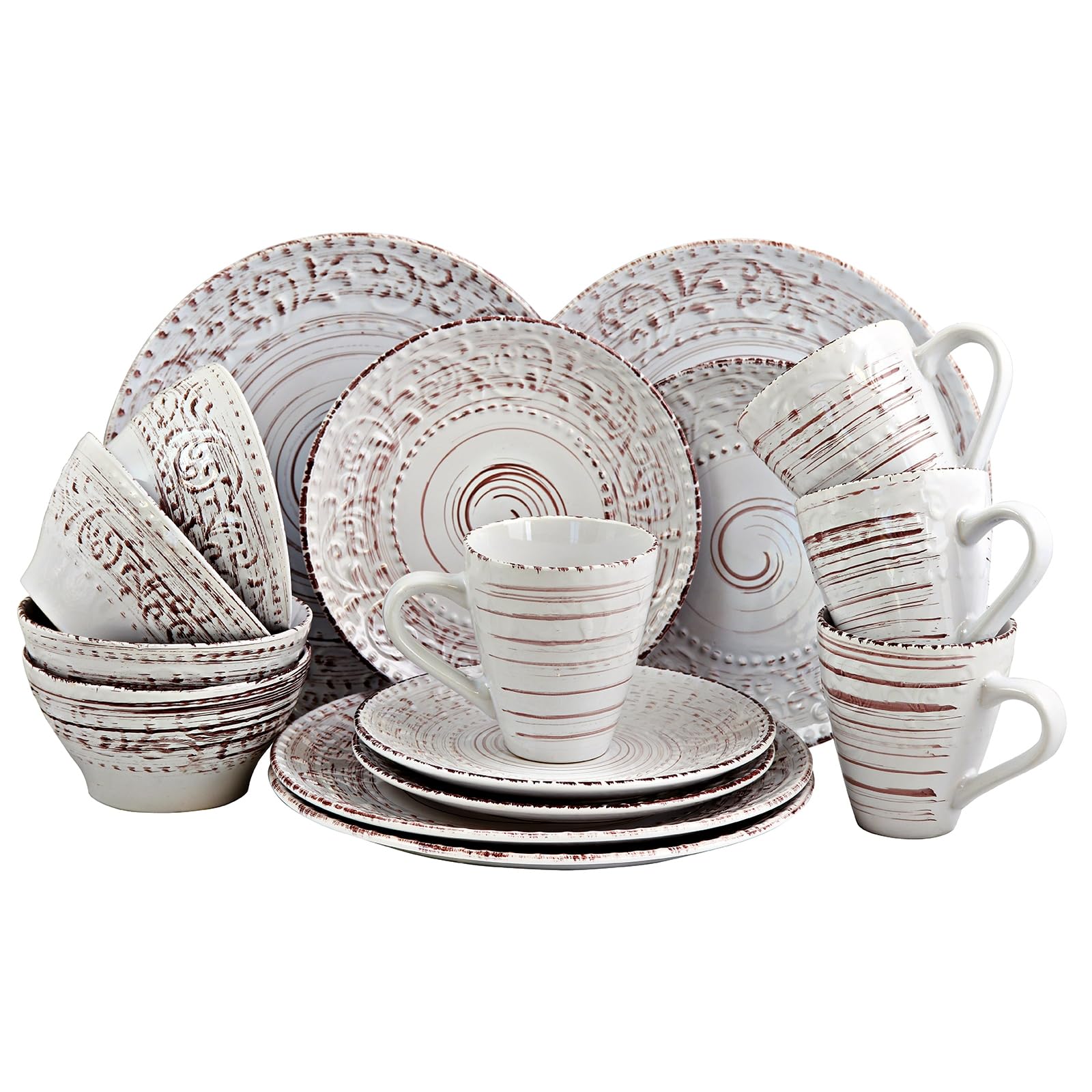 Elama Malibu Sands 16-Piece Embossed Stoneware Dinnerware Set – White Sand Coastal (Service for 4)
