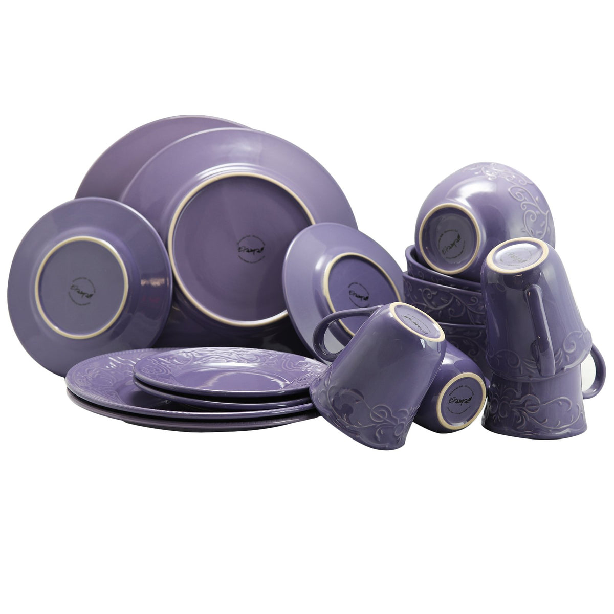 Stoneware Dinnerware Set for 4, 16 Piece with Mugs, Embossed Lavender Plates and Bowls, Elama Lilac Fields