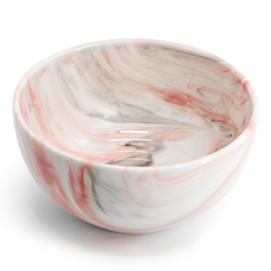 Elama Fine Marble 20 oz porcelain bowl, angled view inside showing the red and gray marble swirl glaze