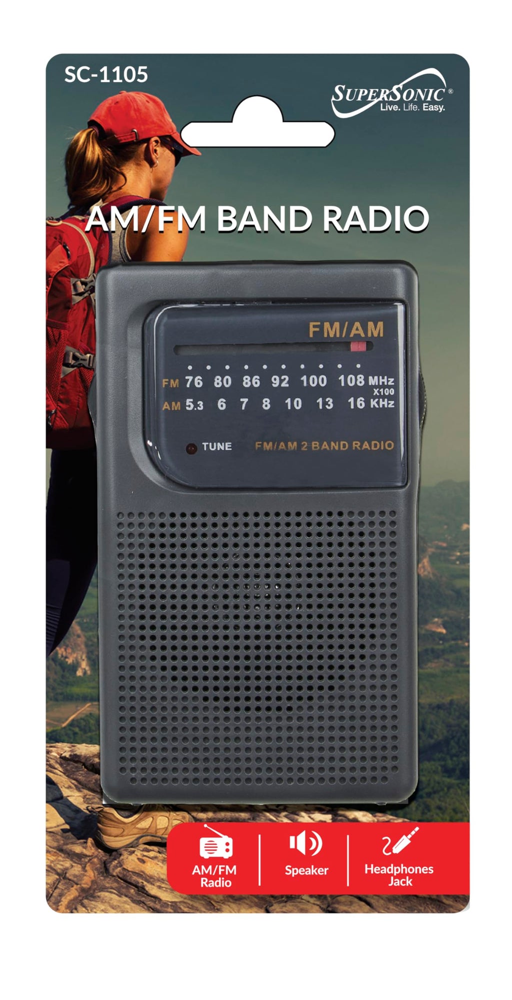 Supersonic SC-1105 AM/FM Pocket Radio with Earphone Jack, Black